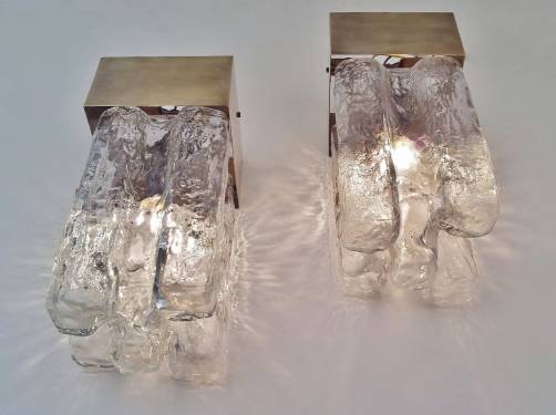Kalmar pair vintage pendant lights Brutalist icicle glass & brass, 1970`s ca, Austrian